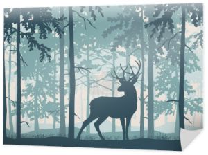 Jeleń z porogami, niebieskie tło lasu, sylwetki drzew. Magiczny mglisty krajobraz. Ilustracja. 