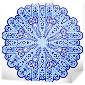 Niebieska mandala w kształcie płatków śniegu. Streszczenie zimowy wzór. Ręcznie robione wektor niebieski na białym tle. Etniczny wzór w stylu orientalnym.