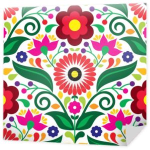 Meksykańska sztuka ludowa bezszwowy wzór wektorowy z kwiatami i liśćmi, tkaniny lub tkaniny wzory druku inspirowane tradycyjnym haftem rzemiosła z Meksyku 