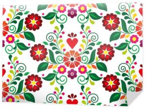 Sztuka ludowa wektor bezszwowy wzór z kwiatami, liśćmi i sercem, Meksykański tradycyjny styl haftowania idealny do projektowania kartki okolicznościowej lub zaproszenia do ślubu 