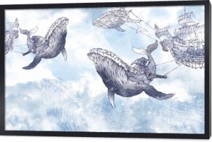 Whales in the sky that pull ships behind them, gently light tones against a background, photomurals in a room or interior of a house