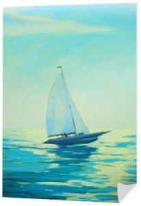 jacht z żaglem na porannym wybrzeżu Morza Śródziemnego, malowanie