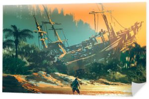 rozbitek stojący na plaży na wyspie z opuszczoną łodzią o zachodzie słońca, malarstwo ilustracyjne