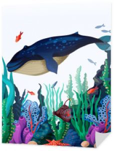 Ilustracja wektorowa dna morskiego z wielorybów, ryb i roślin morskich.