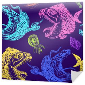 Profil ryby piranie, otwarte usta z ostrymi zębami i długim językiem, konik morski, nautilus i muszle, wzór bez szwu, ręcznie rysowane doodle, szkic w stylu pop-art, kolorowe na niebieskim tle