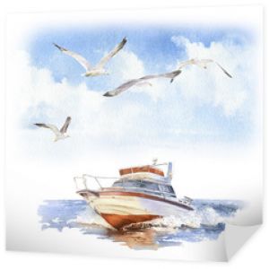A speedboat (motorboat) and a seagulls flock at sea   hand drawn in watercolor isolated on a white background. Watercolor illustration. Marine illustration. Sea fishing