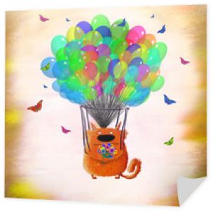 Kot z kwiatami lecący na kolorowych balonach