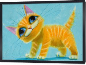 oryginalny obraz na płótnie pomarańczowy zabawny kot z dużymi oczami, radością i radosnym nastrojem, część kolekcji.