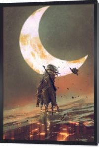mężczyzna jadący na koniu roztrzaskany na kawałki pod księżycem, cyfrowy styl artystyczny, malarstwo ilustracyjne