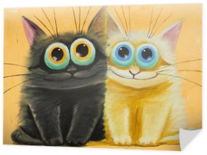 oryginalny obraz na płótnie przedstawiający biało-czarne śmieszne koty o dużych oczach, radości i wesołym nastroju, część kolekcji.