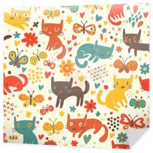 śmieszne koty. kreskówka wzór na tle dzieci. kolorowe tapety koty, motyle i kwiaty