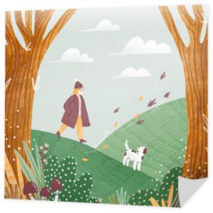 Ilustracja jesiennego krajobrazu, dziewczyna i pies spacerują