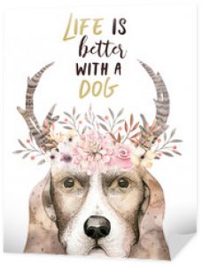 Zbliżenie akwarela portret ładny pies. Na białym tle. . Ręcznie rysowane słodki domowy zwierzak. Kartka z życzeniami dekoracja przedszkola dla zwierząt