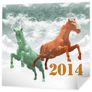 roku koncepcja koń, kolorowy koń na chmurze