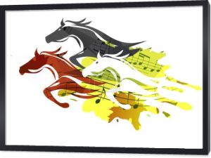 Motyw muzyczny z Biegnącymi Koniami. Wyraźna kolorowa ilustracja sylwetek koni z nutami muzycznymi. Koncepcja muzyki country.