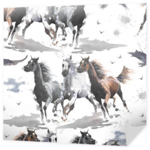 Hand drawn watercolor illustration. Cute cartoon. Seamless pattern. Horses white and dark brown, eagle. Mustang wild Arabian.  White background. Pastel color. For cloth, linen and other texture.