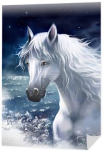 Portret białego konia przed nocnym niebie. Malarstwo cyfrowe.