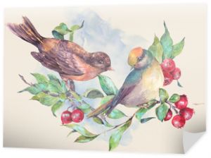  Watercolor pair of birds on branch with red berries. 