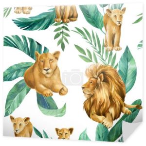 Zwierzęta akwarelowe, lew, lwica i lwiątka, bezszwowy wzór tapety lub tkaniny. Liście palmy