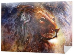 lion face profile portrait, on colorful abstract  background..