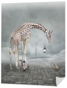 Znajdź przyjaciela – Surrealistyczna koncepcyjna ilustracja żyrafy spotykającej małego kurczaka