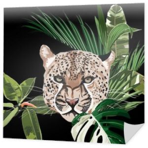 Pełen wdzięku lampart i tropikalne liście. Kot sawannowy. Elegancki plakat, kompozycja na t-shirt, ręcznie rysowany stylowy nadruk. Czarne tło.