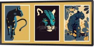 Zestaw ręcznie rysowanych wektorowych ilustracji lamparta, jaguara, pantery. plakat druku ściennego