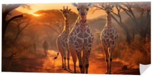 Giraffes on safari road at sunset