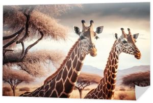  two giraffes standing next to each other in a field with trees in the background and a sky with clouds in the background.  generative ai