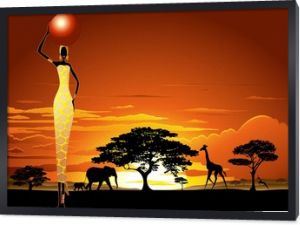 Afrykańska kobieta na sawannie Sunset-Donna Africata nel Tramonto