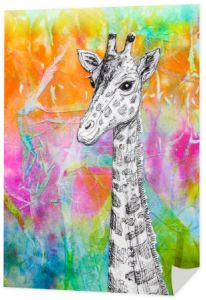 Żyrafa biały rysunek na jasne rainbow kolorowe tło.