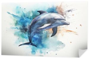 A watercolor painting featuring a youthful dolphin jumping from the sea. Generative AI