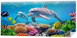 Dolphins with group of colorful fishes and marine animals with colorful corals underwater in the ocean. Generative AI