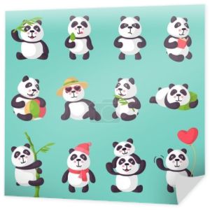 Panda wektor bearcat lub chiński Miś z bambusa w miłości gry lub spanie zestaw ilustracji pandy, czytając książkę lub jedzenie lodów na białym tle na tle