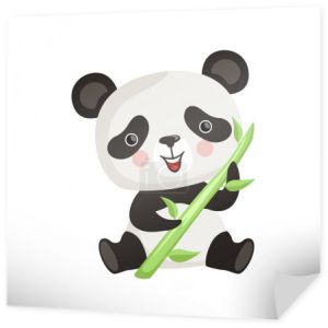 Panda z różowymi policzkami, siedząc na podłodze i przytrzymując zielony bambus. Tropikalny zwierzę. Wektor płaski design dla dzieci książki lub pocztówka