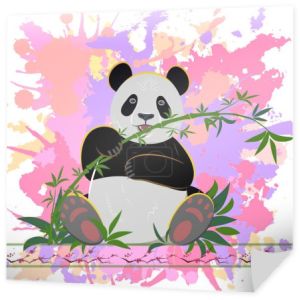 Wesoła panda siedzi na trawie i je bambus na tle różowych plamek w akwarelowym stylu. Projektowanie bluz, t-shirtów, toreb, opakowań, zeszytów
