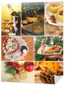 Boże Narodzenie kolaż z smaczne jedzenie, napoje i dekoracje