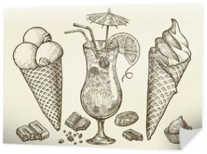 Jedzenie, desery, napoje. Ręcznie rysowane vintage lody, lody, czekolada, słodycze, koktajl, lemoniada. Szkic ilustracji wektorowych