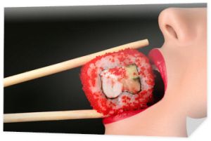 seksowna dziewczyna je sushi roll, zmysłowe czerwone usta
