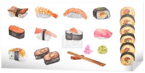 Akwarelowy zestaw sushi izolowany na białym tle. Ręcznie rysowane ilustracje żywności.