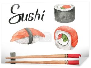 Cute zestaw z japońskim tematem w stylu akwarela. Akwarelowe sushi. Japońskie elementy, talizmany szczęścia. Na białym tle