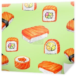 sushi i rolki kuchnia azjatycka, bezszwowy wzór rysunek z kolorowych ołówków