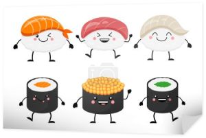 Sushi kreskówka zestaw znaków. Kawaii sushi. Illustra wektor