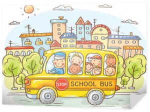Autobus szkolny z szczęśliwymi dziećmi w mieście