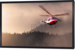 Helicopter Flying over the West Coast Pacific Ocean. Extreme Adventure Composite. 3D Rendering Heli. Background Image from Tofino, Vancouver Island, British Columbia, Canada. Dramatic Sunset