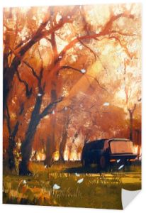 Stary van podróży w piękną jesień las