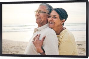 Love, hug and senior couple at beach happy, relax and bond in nature together. Ocean, embrace and old people hugging at the sea for travel, vacation and enjoy retirement with holiday, freedom or trip