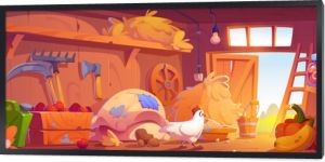 Farm barn view from inside with tools, crop and chicken. Cartoon vector illustration of ranch shed indoor with wooden walls, haystack and sack, gardening tools and hen eggs in chest, vegetable harvest