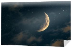 A serene night sky with a luminous crescent moon surrounded by glittering stars and soft clouds.