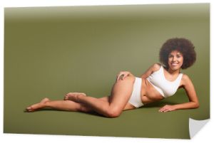 No filter photo of carefree shiny lady underwear lingerie loving body positive empty space isolated khaki color background